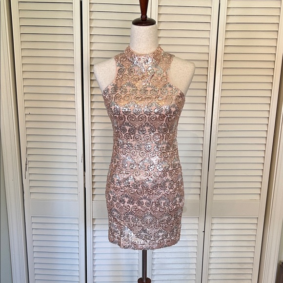Soieblu Dresses & Skirts - Soieblu Rose Gold Sequin High Neck Mini Dress